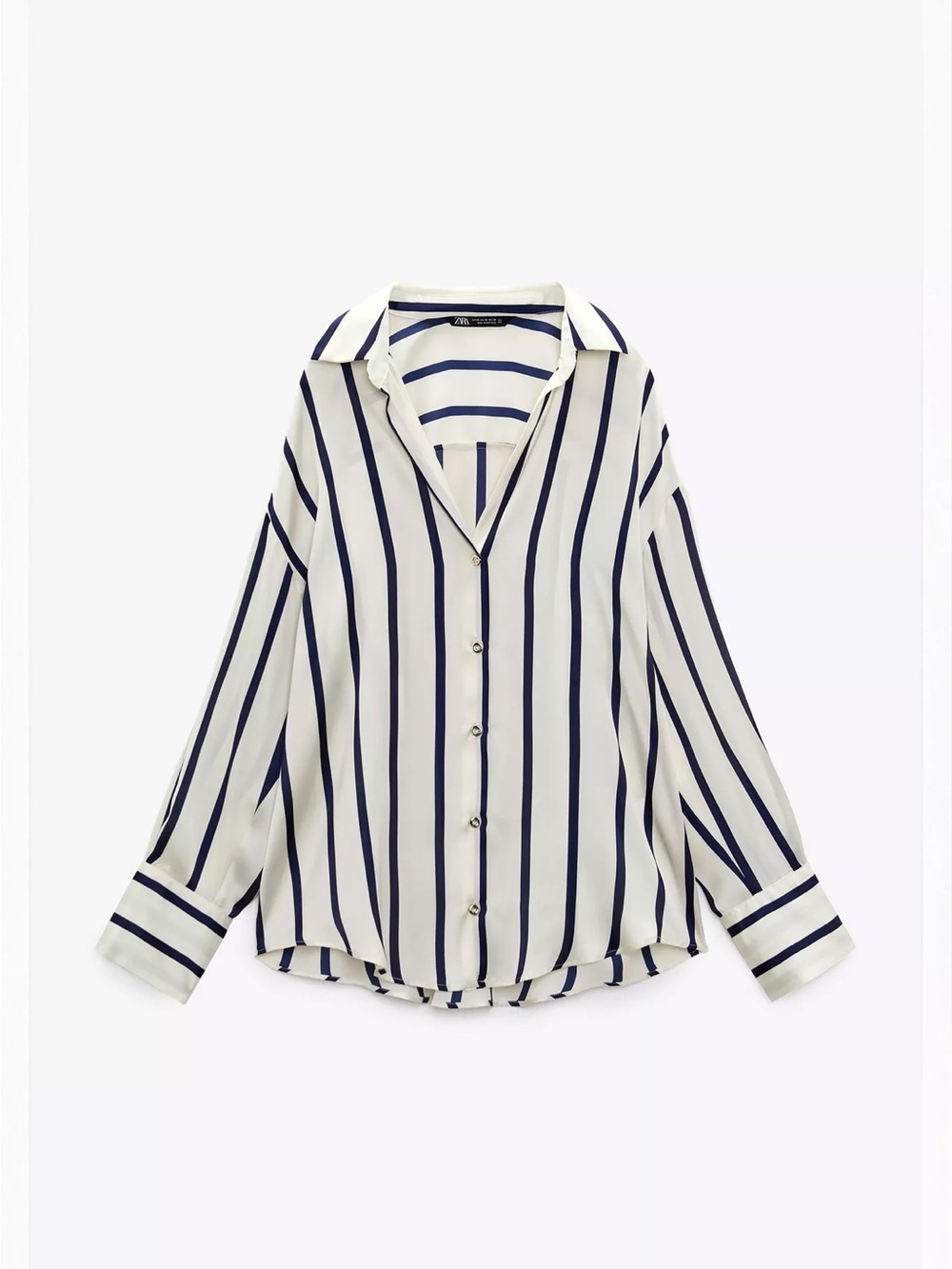 Zara White and Navy Striped Button-Down Blouse